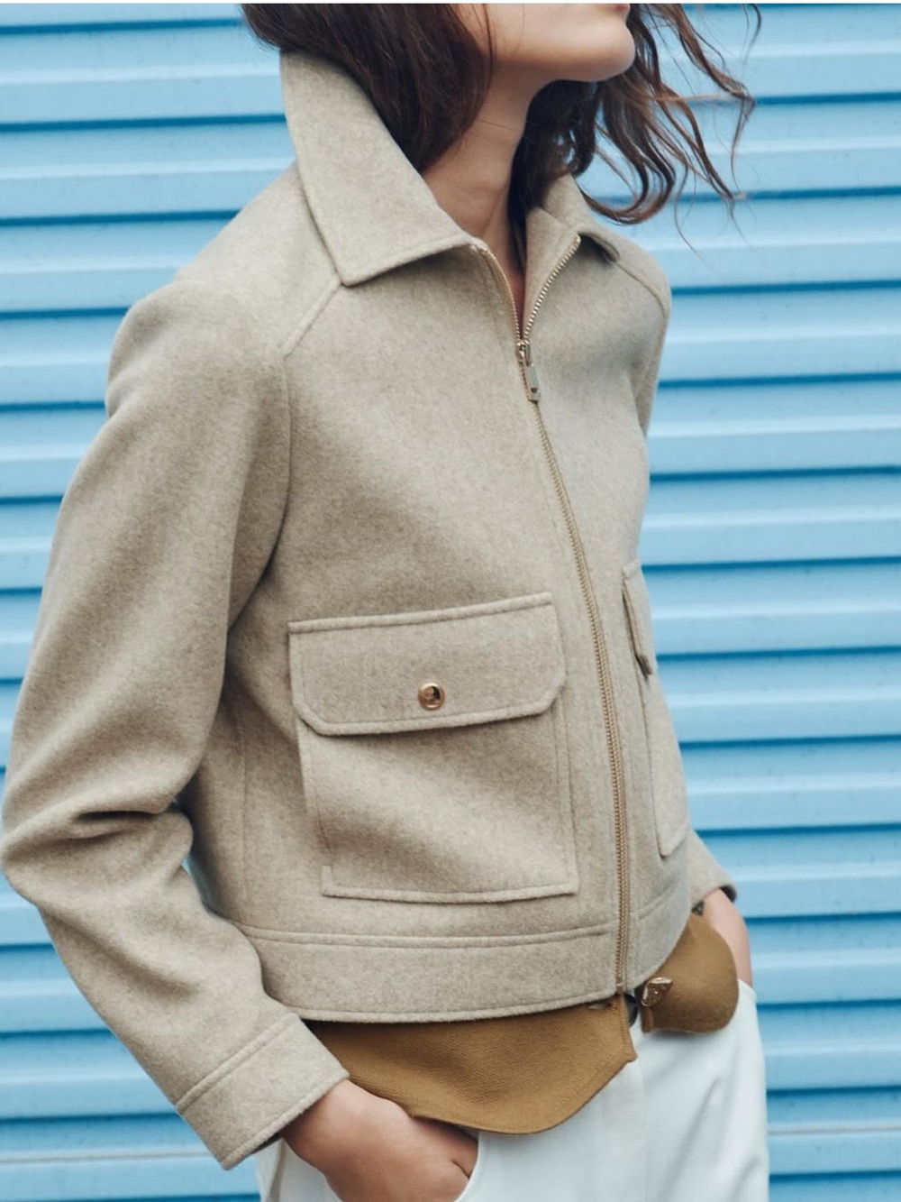 NWT Zara Women's Neutral Tab Cream Wool-Blend Zip Front Cropped Jacket - XS